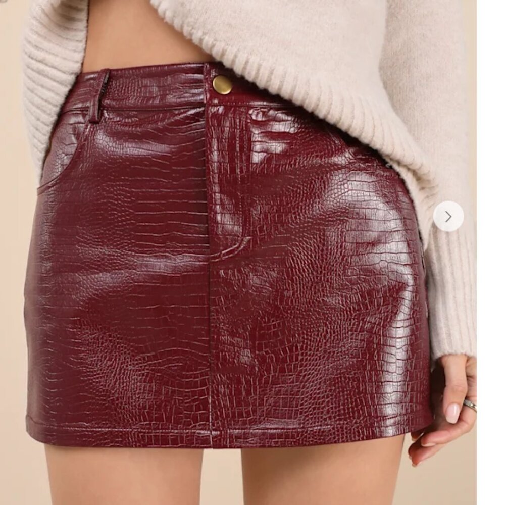 Excellent Mood Burgundy Croc-Embossed Vegan Leather Mini Skirt Lulus